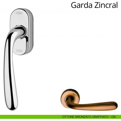 Maniglia per finestra martellina DK antintrusione Garda Zincral Linea Calì ottone bronzato graffiato