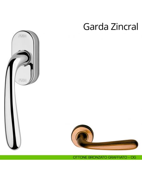 Maniglia per finestra martellina DK antintrusione Garda Zincral Linea Calì ottone bronzato graffiato