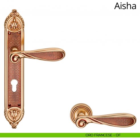 Maniglia con placca Small per porta Aisha Linea Calì - oro francese - foro yale