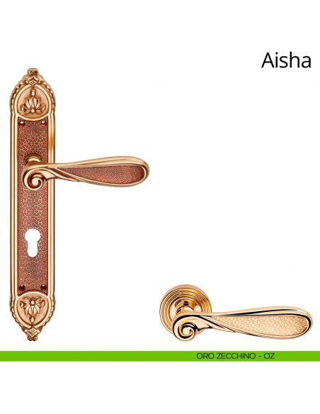 Maniglia con placca Small per porta Aisha Linea Calì - oro zecchino - foro yale