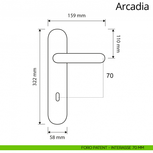 Maniglia con placca Small per porta Arcadia Linea Calì disegno placca foro patent interasse 70 mm