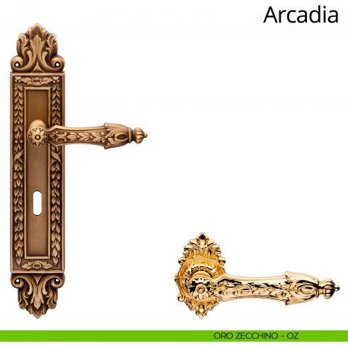 Maniglia con placca Big per porta Arcadia Linea Calì - oro zecchino - foro patent