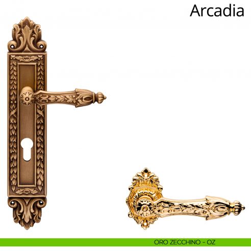 Maniglia con placca Big per porta Arcadia Linea Calì - oro zecchino - foro yale
