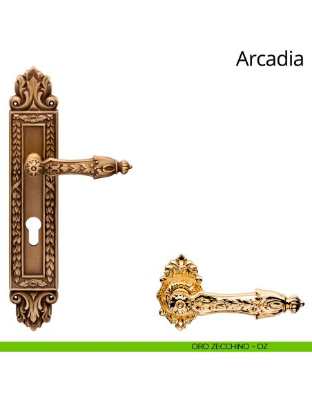 Maniglia con placca Big per porta Arcadia Linea Calì - oro zecchino - foro yale