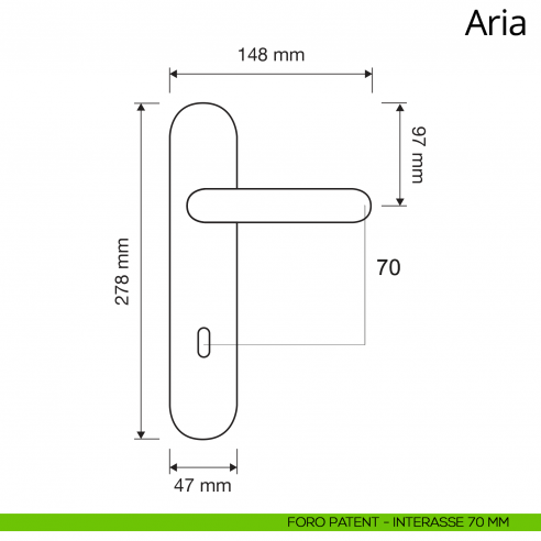 Maniglia con placca per porta Aria Linea Calì  disegno placca foro patent interasse 70 mm