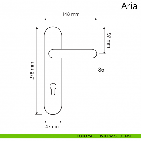 Maniglia con placca per porta Aria Linea Calì  disegno placca foro yale interasse 85 mm