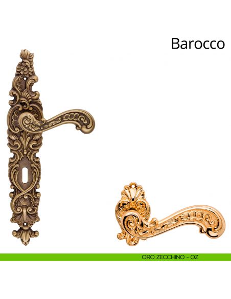 Maniglia con placca per porta Barocco Linea Calì - oro zecchino - foro patent