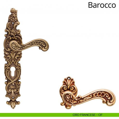Maniglia con placca per porta Barocco Linea Calì - oro francese - foro yale