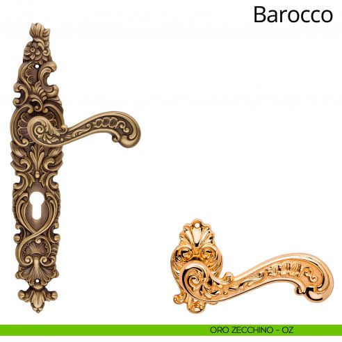 Maniglia con placca per porta Barocco Linea Calì - oro zecchino - foro yale