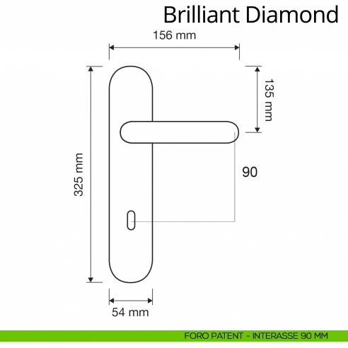Maniglia Swarovski con placca 1308 per porta Brilliant Diamond Linea Calì disegno placca foro patent distanza 90 mm