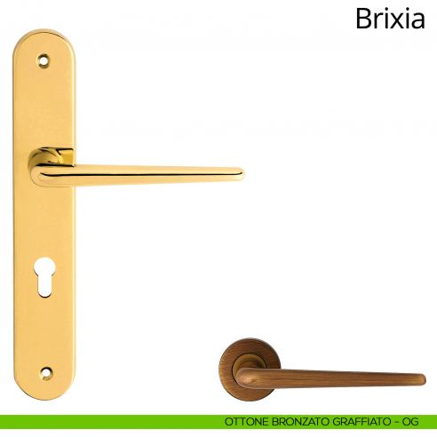 Maniglia con placca per porta Brixia Linea Calì - ottone bronzato graffiato - foro yale