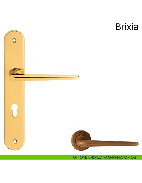 Maniglia con placca per porta Brixia Linea Calì - ottone bronzato graffiato - foro yale