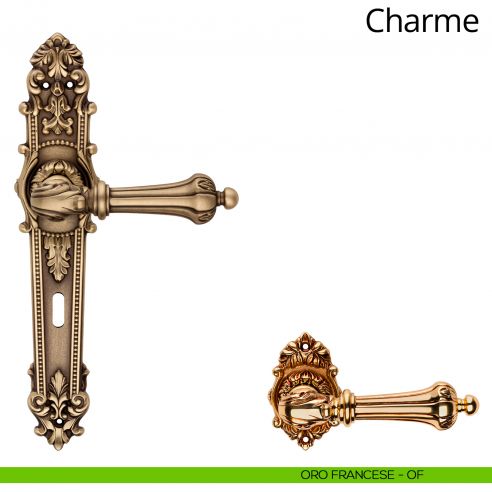 Maniglia con placca per porta Charme Linea Calì - oro francese - foro patent