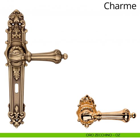Maniglia con placca per porta Charme Linea Calì - oro zecchino - foro patent
