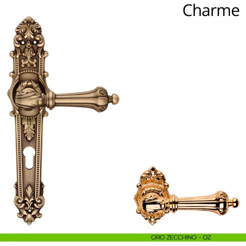 Maniglia con placca per porta Charme Linea Calì - oro zecchino - foro yale