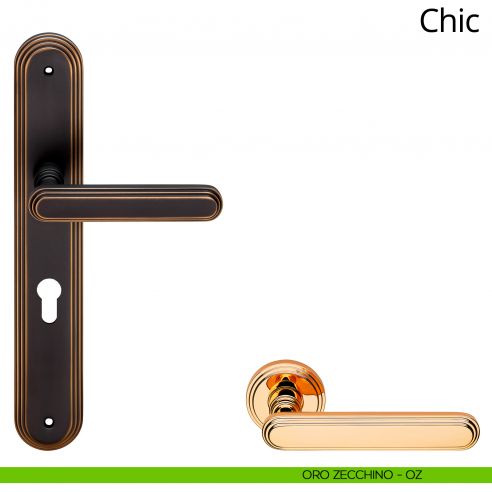Maniglia con placca per porta Chic Linea Calì - oro zecchino - foro yale