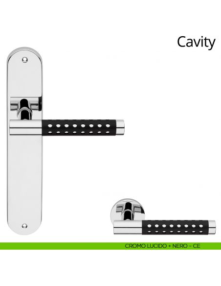Maniglia con placca per porta Cavity Linea Calì - nero opaco + cromo lucido - placca cieca