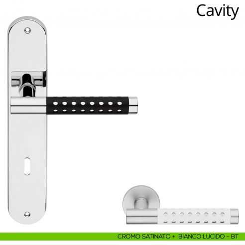 Maniglia con placca per porta Cavity Linea Calì - cromo satinato + bianco lucido - foro patent