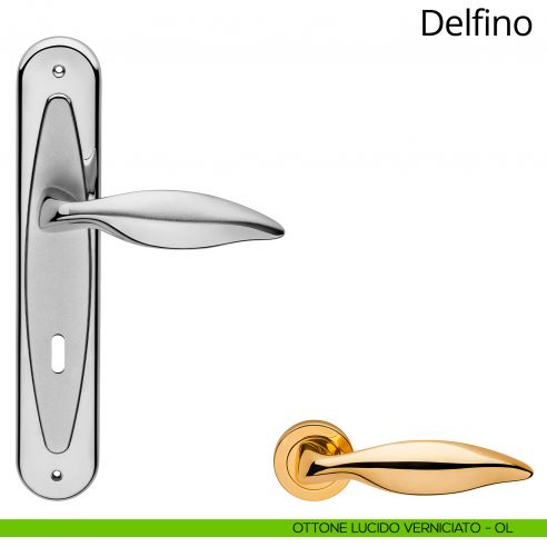 Maniglia con placca per porta Delfino Linea Calì - ottone lucido verniciato - foro patent