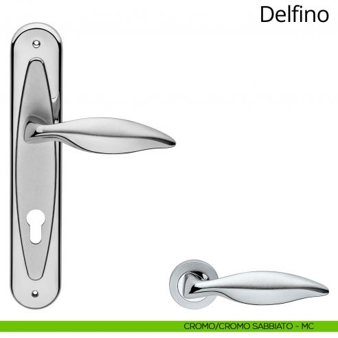 Maniglia con placca per porta Delfino Linea Calì - cromo sabbiato + cromo lucido - foro yale