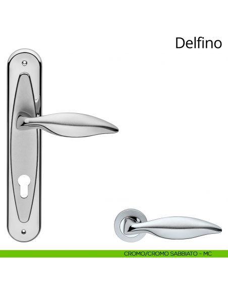 Maniglia con placca per porta Delfino Linea Calì - cromo sabbiato + cromo lucido - foro yale