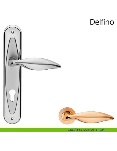 Maniglia con placca per porta Delfino Linea Calì - oro + oro sabbiato - foro yale