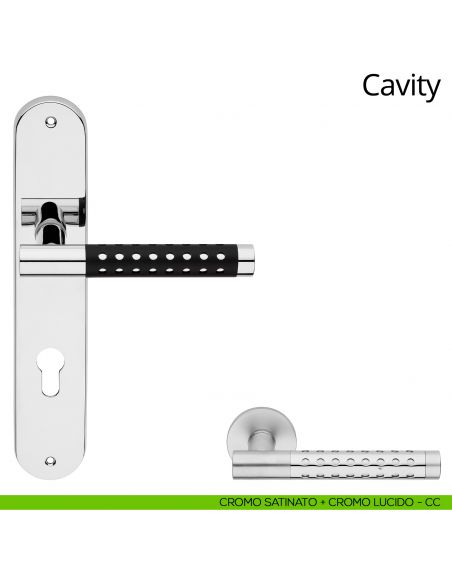 Maniglia con placca per porta Cavity Linea Calì - cromo satinato + cromo - foro yale