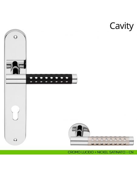 Maniglia con placca per porta Cavity Linea Calì - nickel satinato + cromo - foro yale