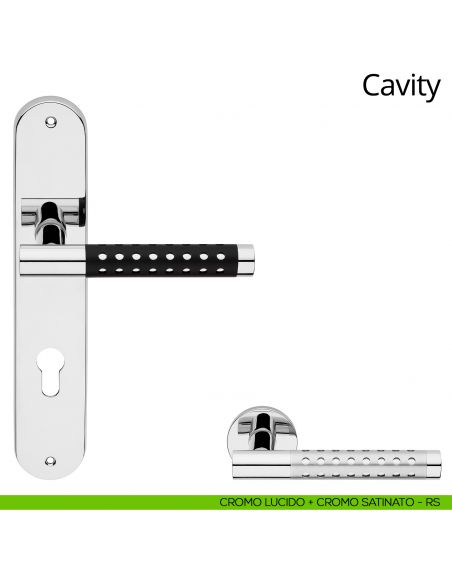 Maniglia con placca per porta Cavity Linea Calì - cromo lucido + cromo satinato - foro yale