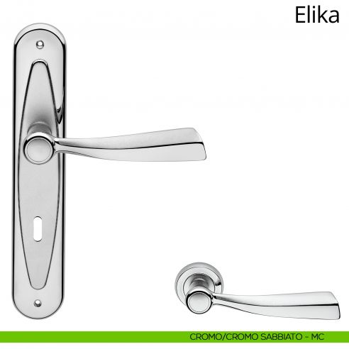 Maniglia con placca per porta Elika Linea Calì - cromo sabbiato + cromo lucido - foro patent