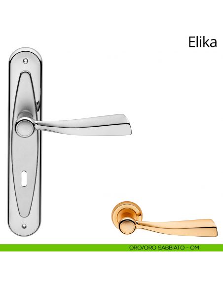 Maniglia con placca per porta Elika Linea Calì - oro sabbiato + oro - foro patent