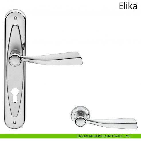Maniglia con placca per porta Elika Linea Calì - cromo sabbiato + cromo lucido - foro yale