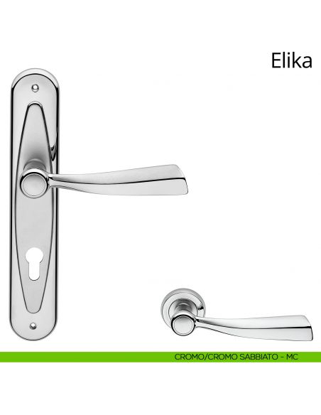 Maniglia con placca per porta Elika Linea Calì - cromo sabbiato + cromo lucido - foro yale