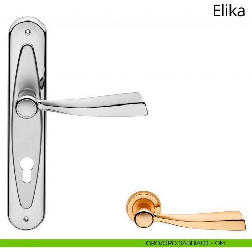 Maniglia con placca per porta Elika Linea Calì - oro sabbiato + oro - foro yale