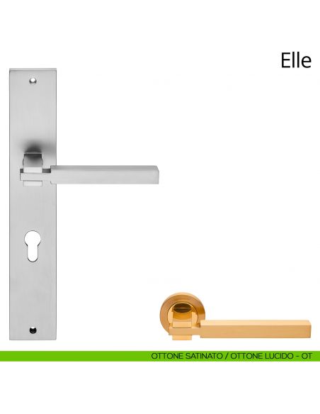 Maniglia con placca per porta Elle Linea Calì  - ottone satinato + ottone lucido  - foro yale