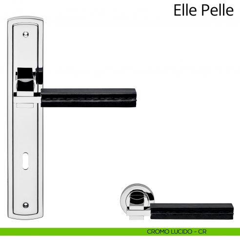 Maniglia con placca per porta Elle Pelle Linea Calì - cromo lucido + pelle nera - foro patent