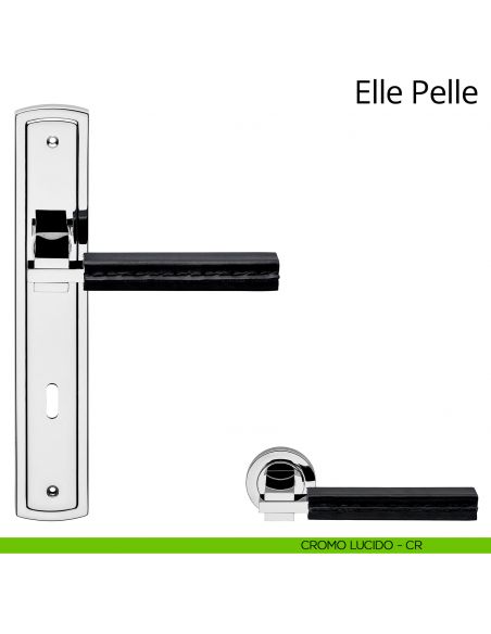 Maniglia con placca per porta Elle Pelle Linea Calì - cromo lucido + pelle nera - foro patent