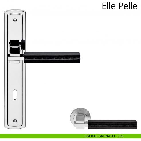 Maniglia con placca per porta Elle Pelle Linea Calì - cromo satinato + pelle nera - foro patent
