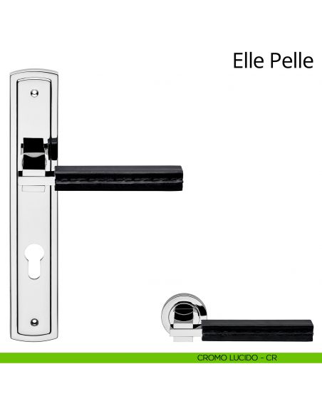 Maniglia con placca per porta Elle Pelle Linea Calì - cromo lucido + pelle nera - foro yale