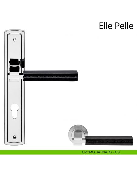 Maniglia con placca per porta Elle Pelle Linea Calì - cromo satinato + pelle nera - foro yale