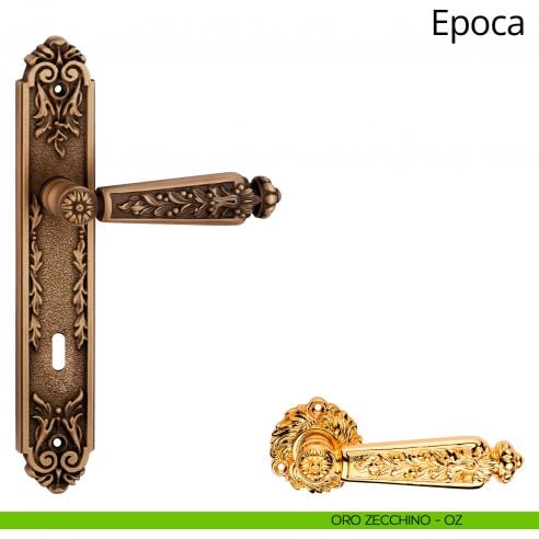 Maniglia con placca per porta Epoca Linea Calì - oro zecchino - foro patent