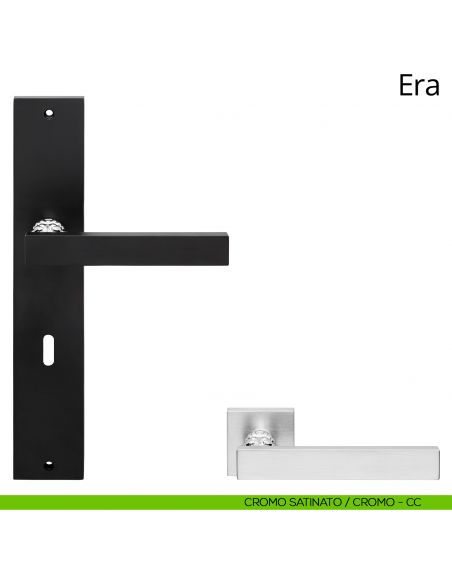 Maniglia con placca per porta Era Linea Calì - cromo satinato + cromo - foro patent