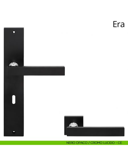 Maniglia con placca per porta Era Linea Calì - nero opaco + cromo lucido - foro patent