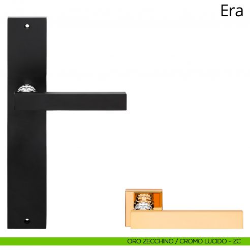 Maniglia con placca per porta Era Linea Calì - oro zecchino + cromo lucido - placca cieca