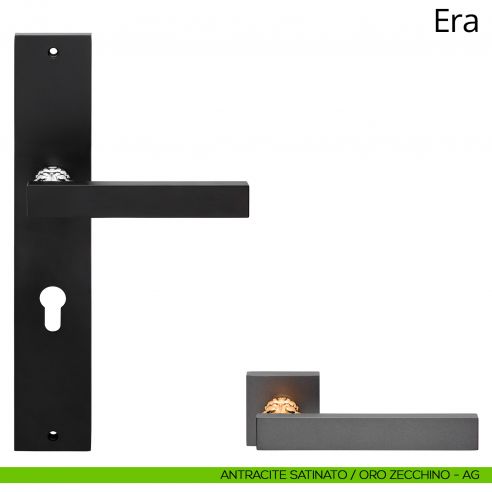 Maniglia con placca per porta Era Linea Calì - antracite satinato + oro zecchino - foro yale