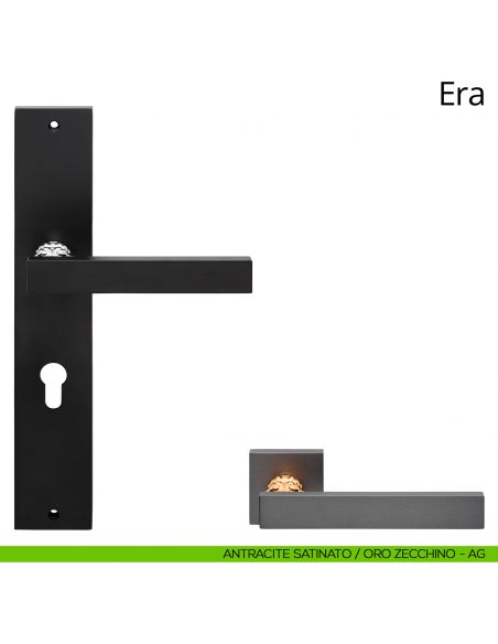 Maniglia con placca per porta Era Linea Calì - antracite satinato + oro zecchino - foro yale