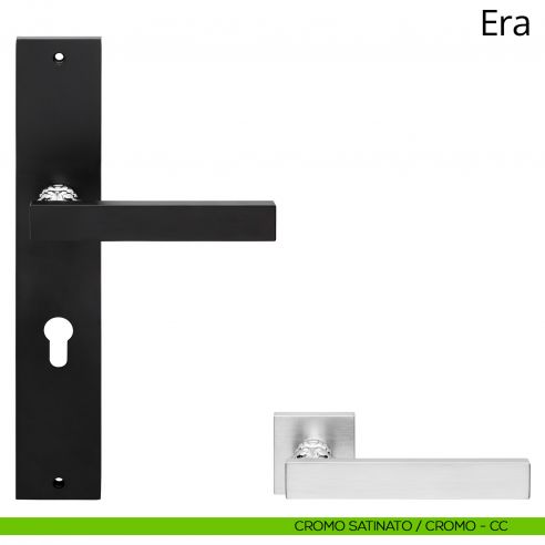 Maniglia con placca per porta Era Linea Calì - cromo satinato + cromo - foro yale