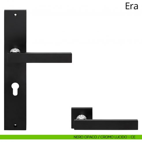 Maniglia con placca per porta Era Linea Calì - nero opaco + cromo lucido - foro yale