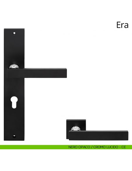 Maniglia con placca per porta Era Linea Calì - nero opaco + cromo lucido - foro yale