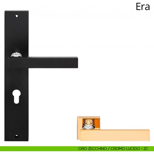 Maniglia con placca per porta Era Linea Calì - oro zecchino + cromo lucido - foro yale